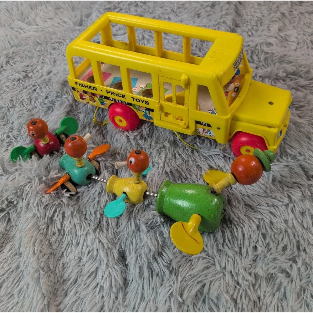 Lot Of 2 Vintage 1956 Fisher-Price Wooden Pull Toy Duck Family School Bus